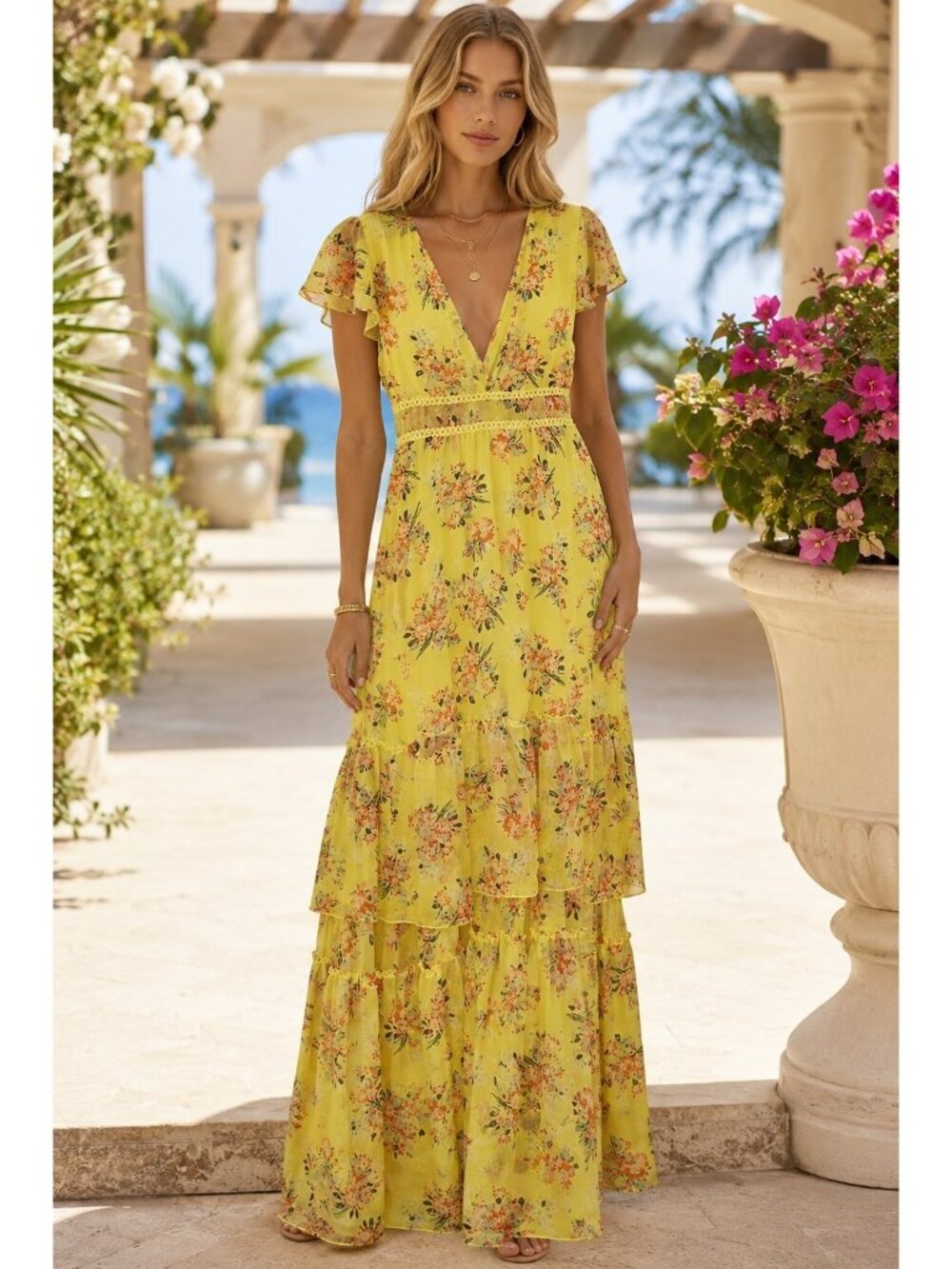 Eywasouls Malibu Kimi Yellow Floral Chiffon Maxi Dress Small Boho Tiered Flutter